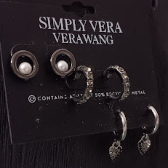 VERA WANG Goth 3pc Circle Pearl Studs + Gray Crystal/Silver Charm Hoop Earrings - Picture 1 of 3